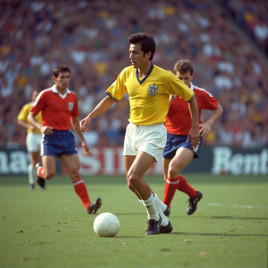 Garrincha, the hero of the 1962 World Cup final, dribbling past opponents.