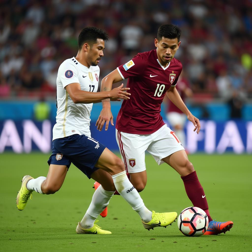 Japan and Qatar competing fiercely in the Asian Cup 2019 final match