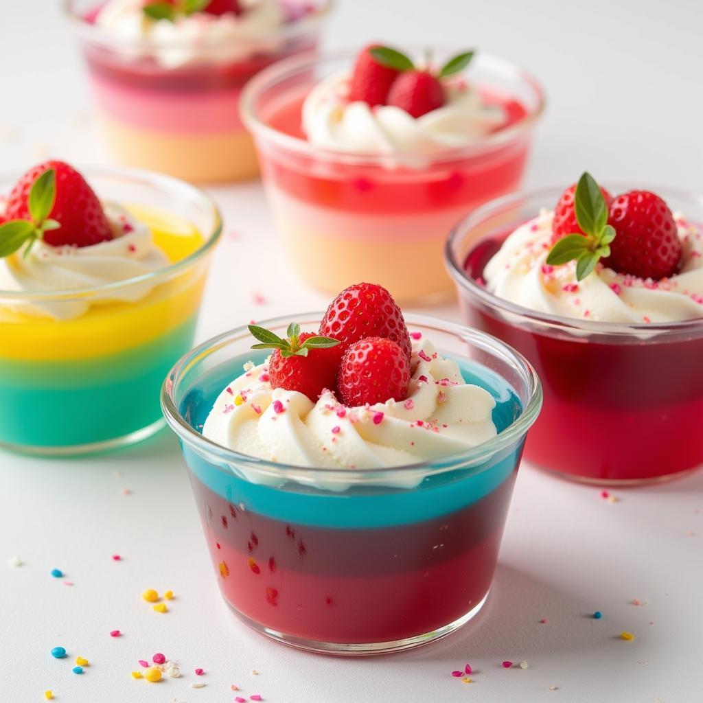 Jello cups với đa dạng màu sắc và hương vị trái cây hấp dẫn.