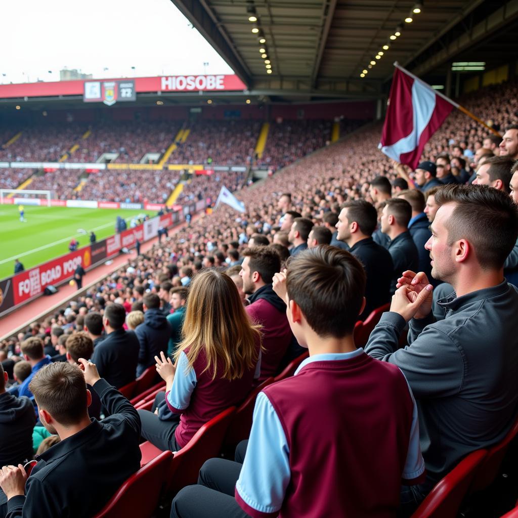 Hình ảnh cận cảnh khán đài Turf Moor trong một trận đấu sôi động, cho thấy sự cuồng nhiệt của người hâm mộ Burnley.