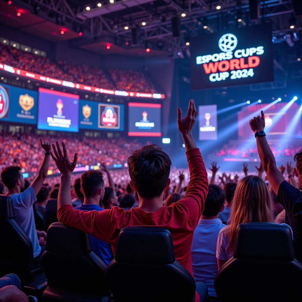 Hình ảnh khán giả cuồng nhiệt tại Esports World Cup 2024, cổ vũ cho đội tuyển yêu thích của mình.