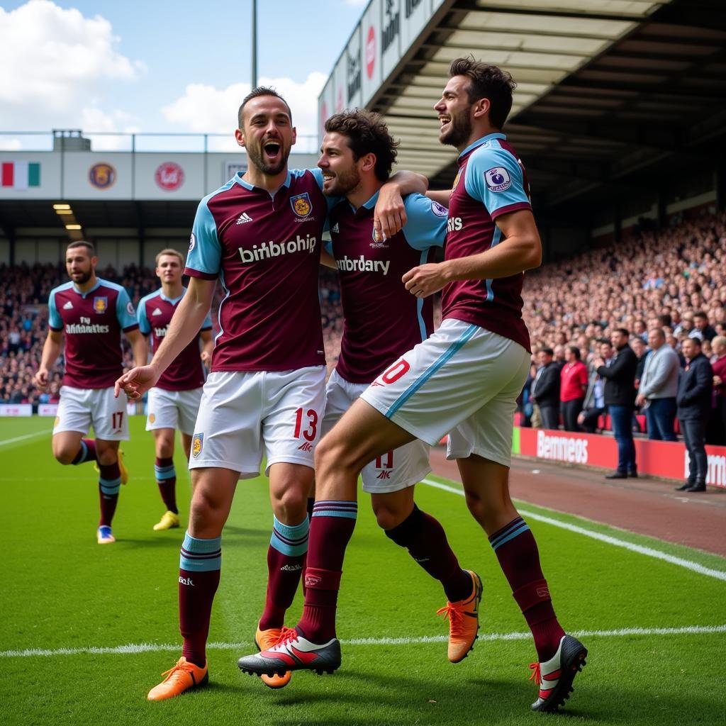 Hình ảnh ghi lại một khoảnh khắc đáng nhớ tại Turf Moor, có thể là một bàn thắng quan trọng hoặc một pha ăn mừng cuồng nhiệt của cầu thủ và người hâm mộ.