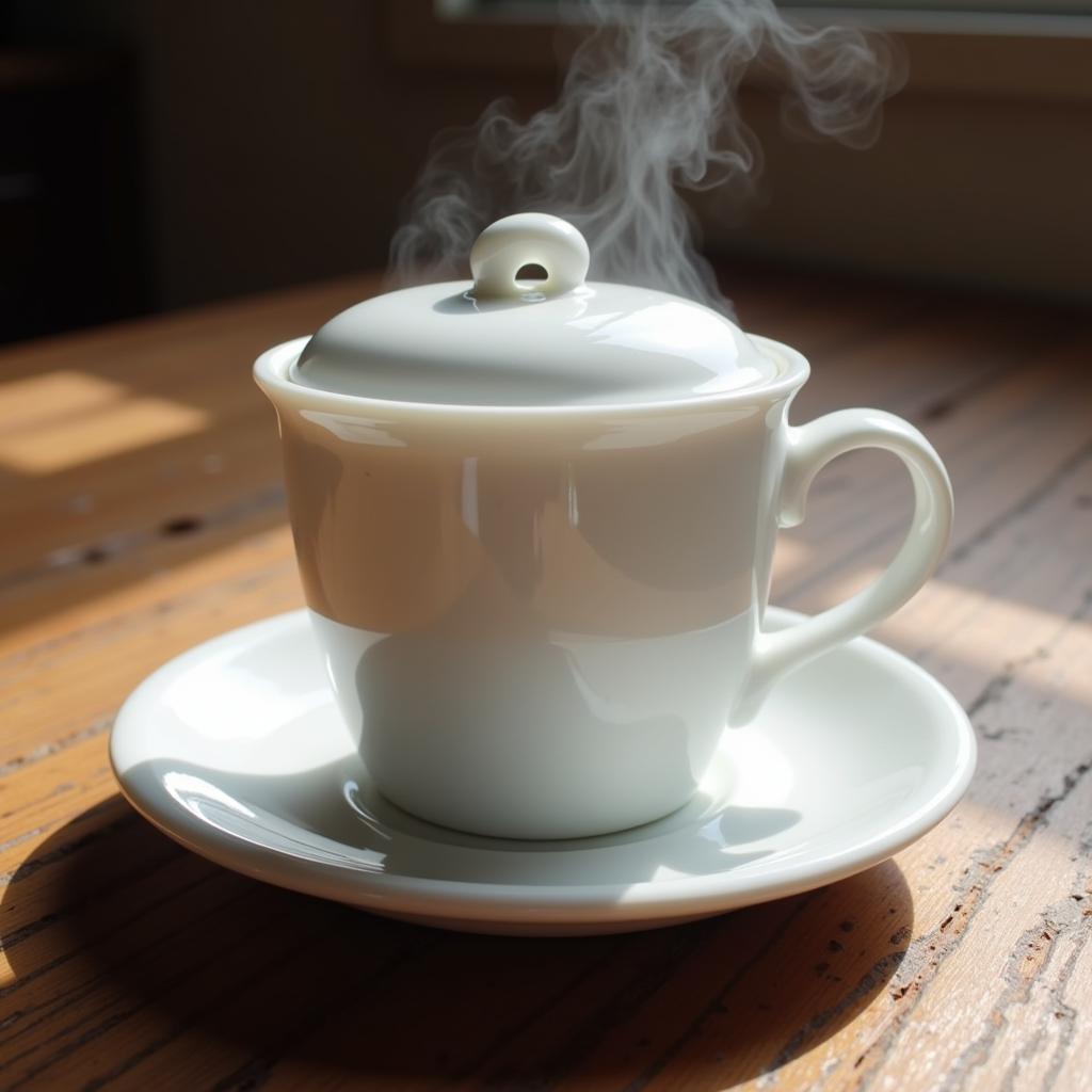 Elegant white porcelain coffee cup with lid on a wooden table