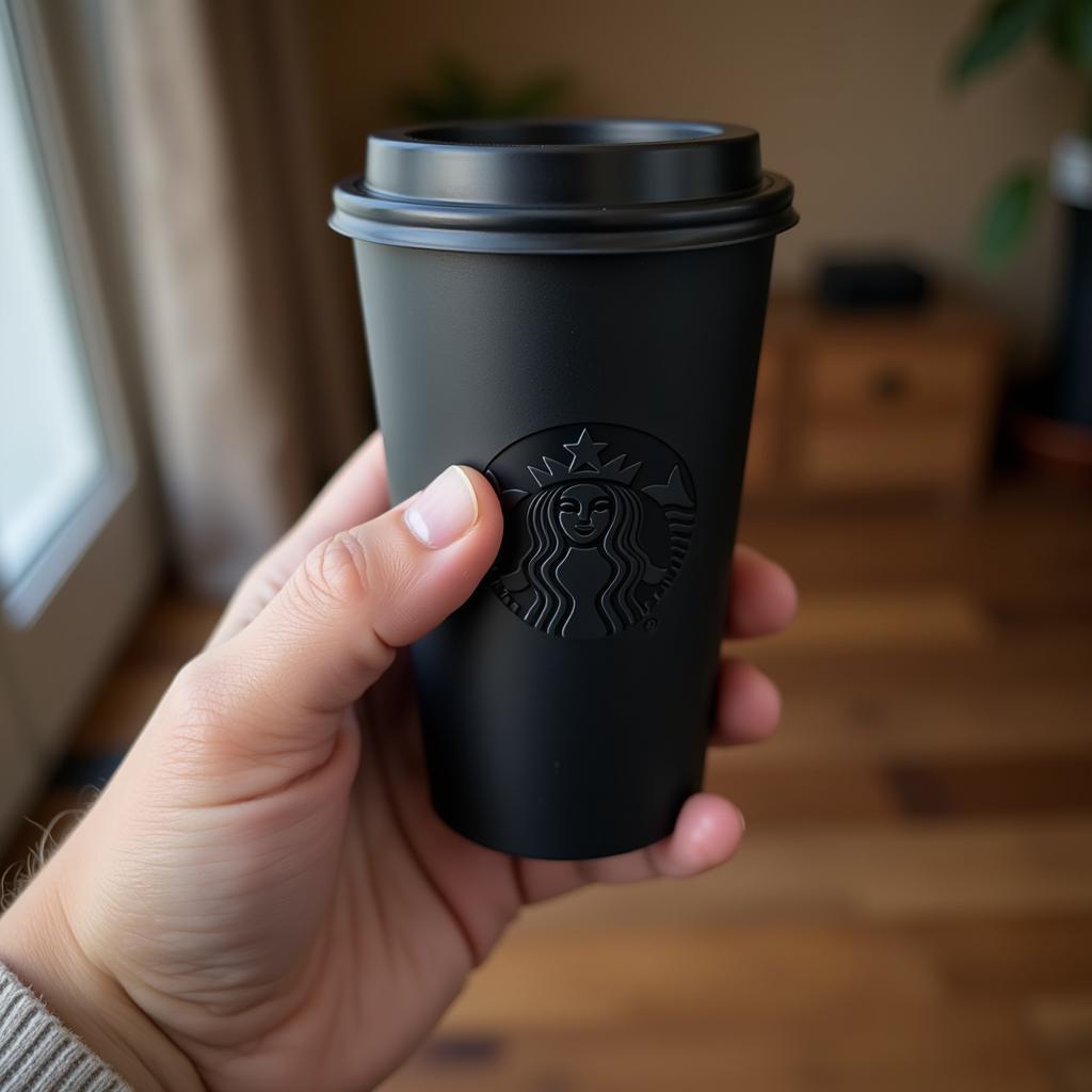 Cầm trên tay chiếc cốc Starbucks đen nhám