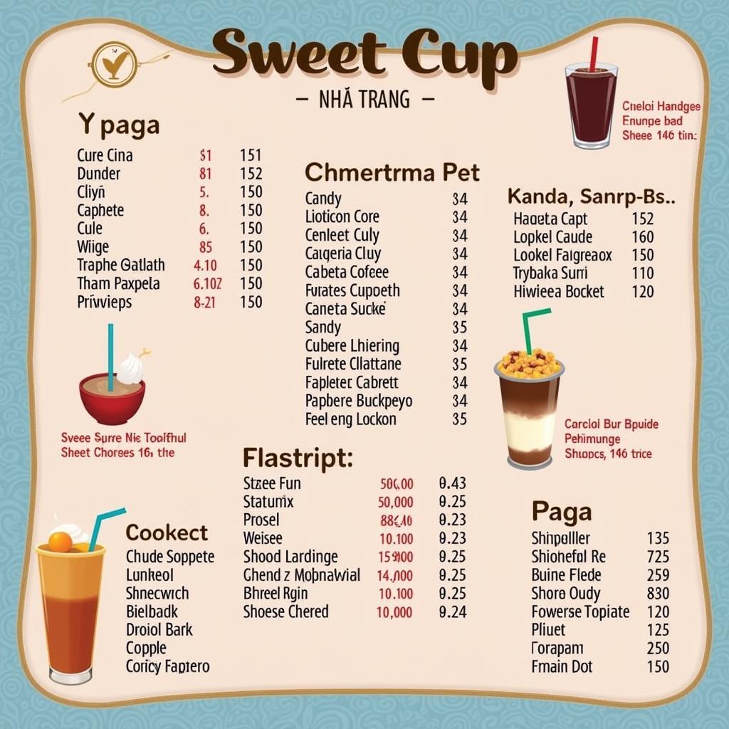 Menu đa dạng của Sweet Cup Nha Trang với nhiều loại topping hấp dẫn