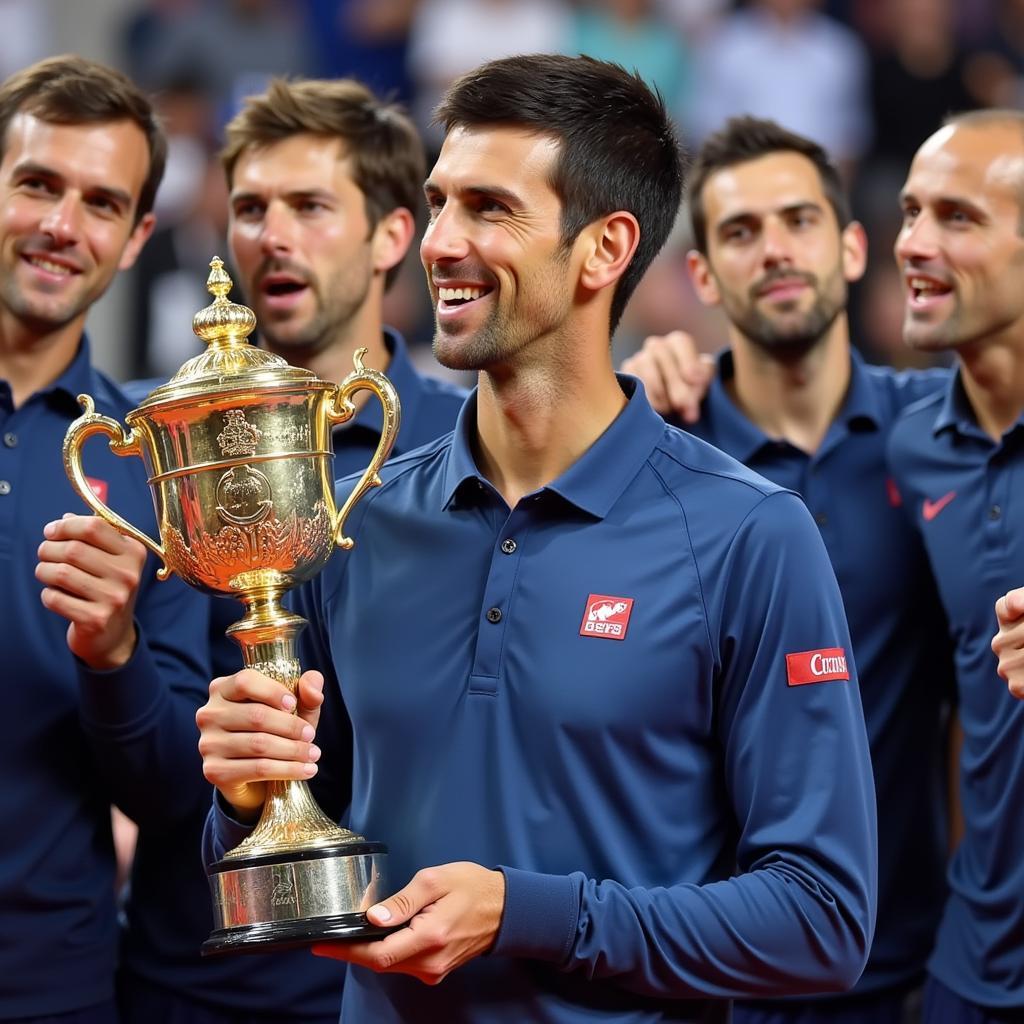 Novak Djokovic nâng cao chiếc cúp vô địch ATP Cup.