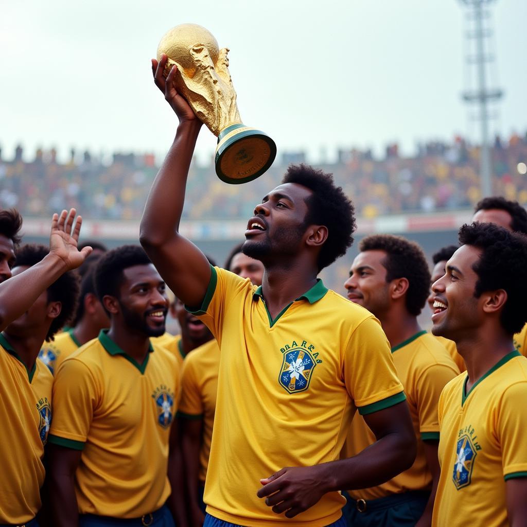 Pele nâng cúp vàng World Cup 1970: Pele, đội trưởng đội tuyển Brazil, nâng cao chiếc cúp vàng World Cup 1970 tại Mexico. Xung quanh ông là đồng đội đang hò reo ăn mừng chiến thắng.