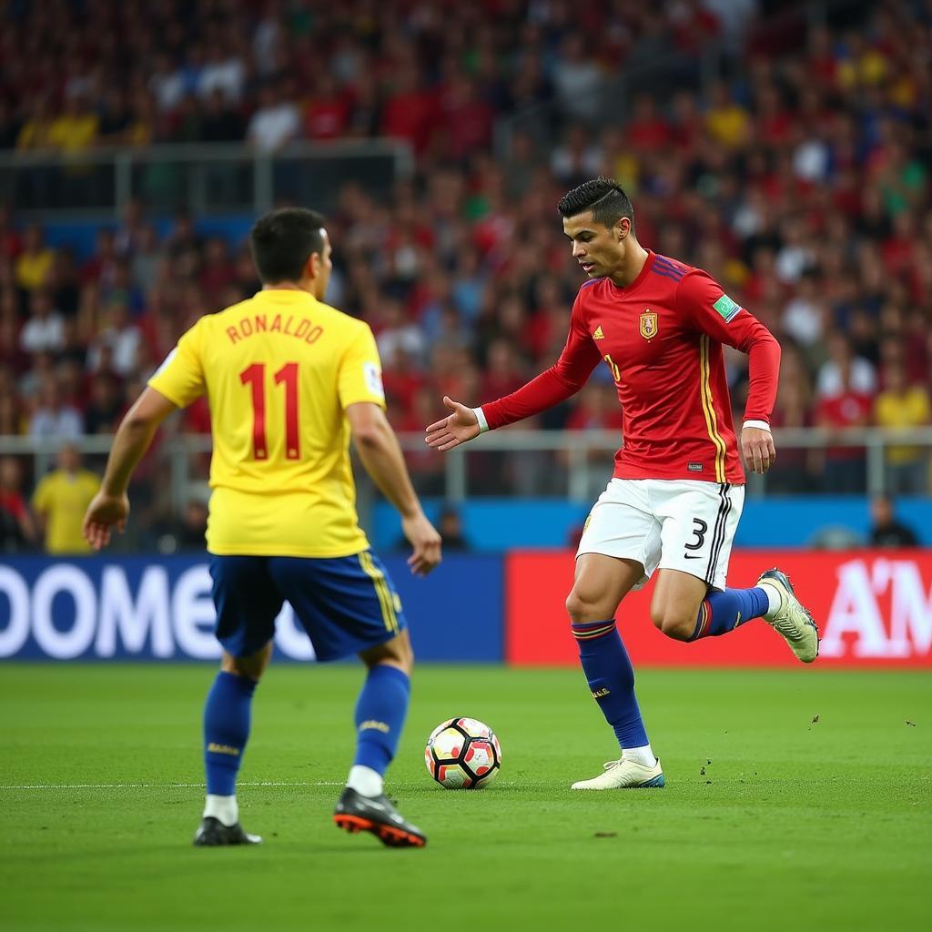 Ronaldo thực hiện cú đá phạt vào lưới Tây Ban Nha tại World Cup 2018