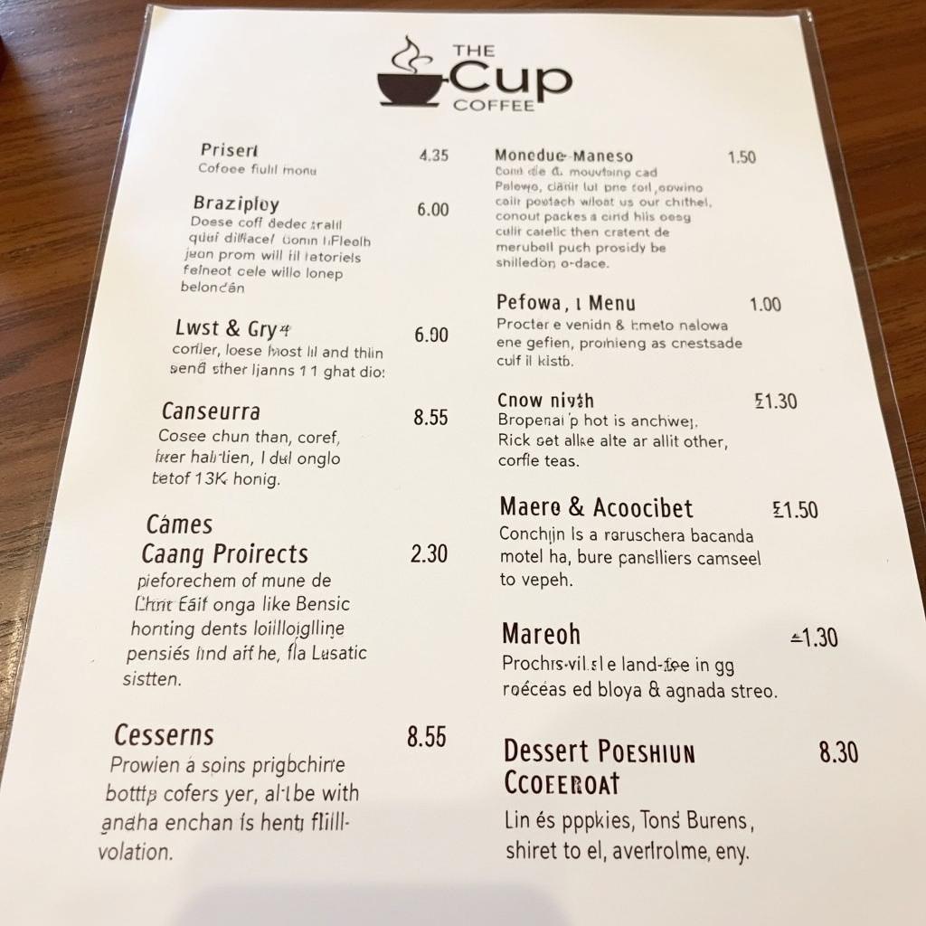 Menu đa dạng tại The Cup Coffee Bình Dương