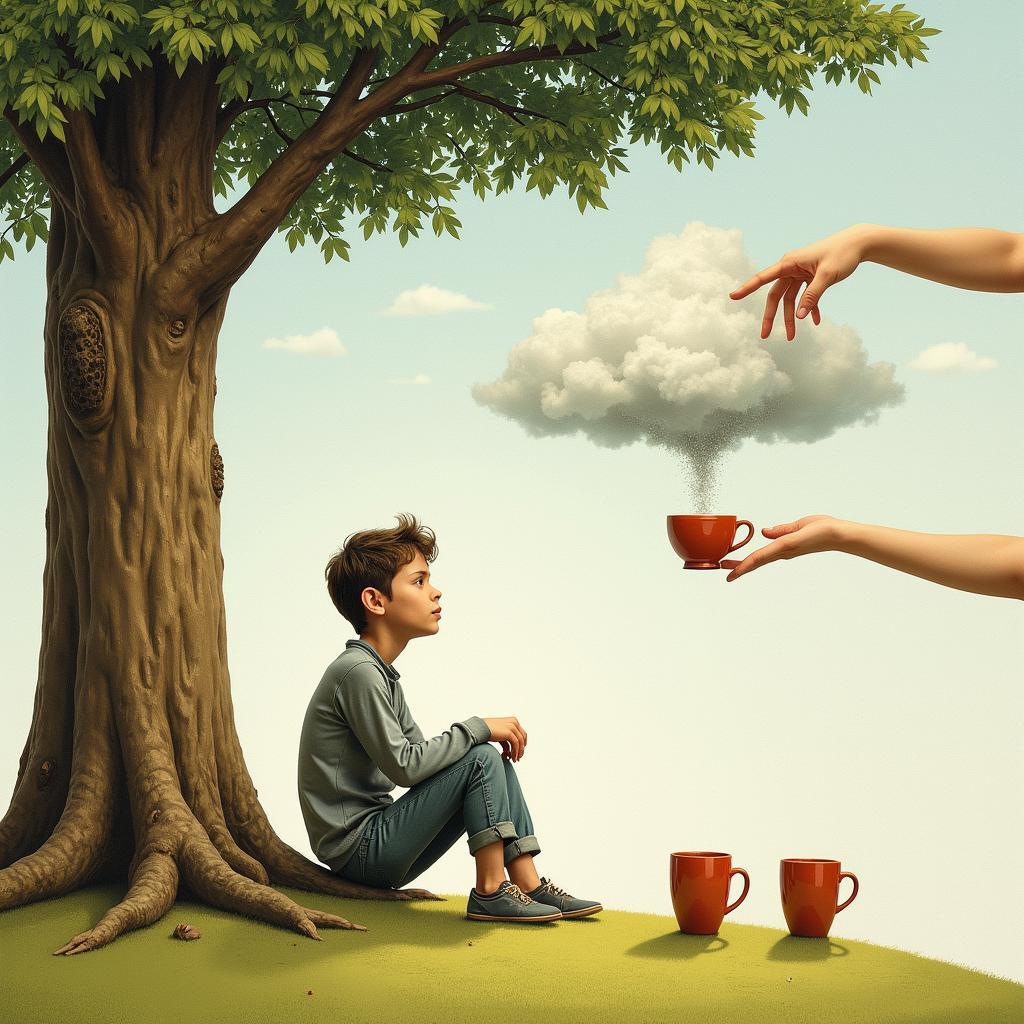 Figure lost in thought under a tree, ignoring three cups in front while focusing on a fourth being offered from above