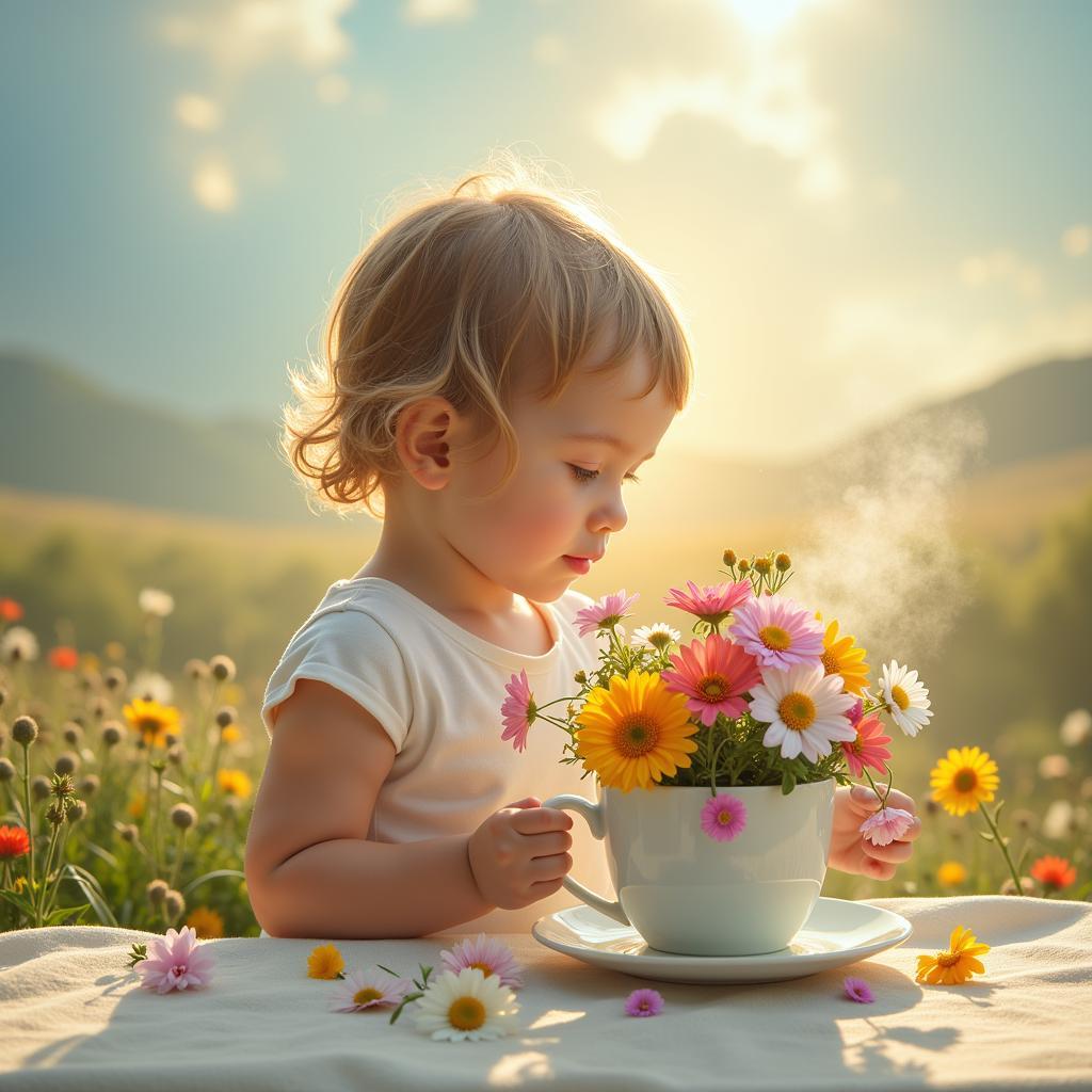 6 of Cups Inner Child: A child gazes at a cup filled with flowers, symbolizing introspection and connection with the inner child.