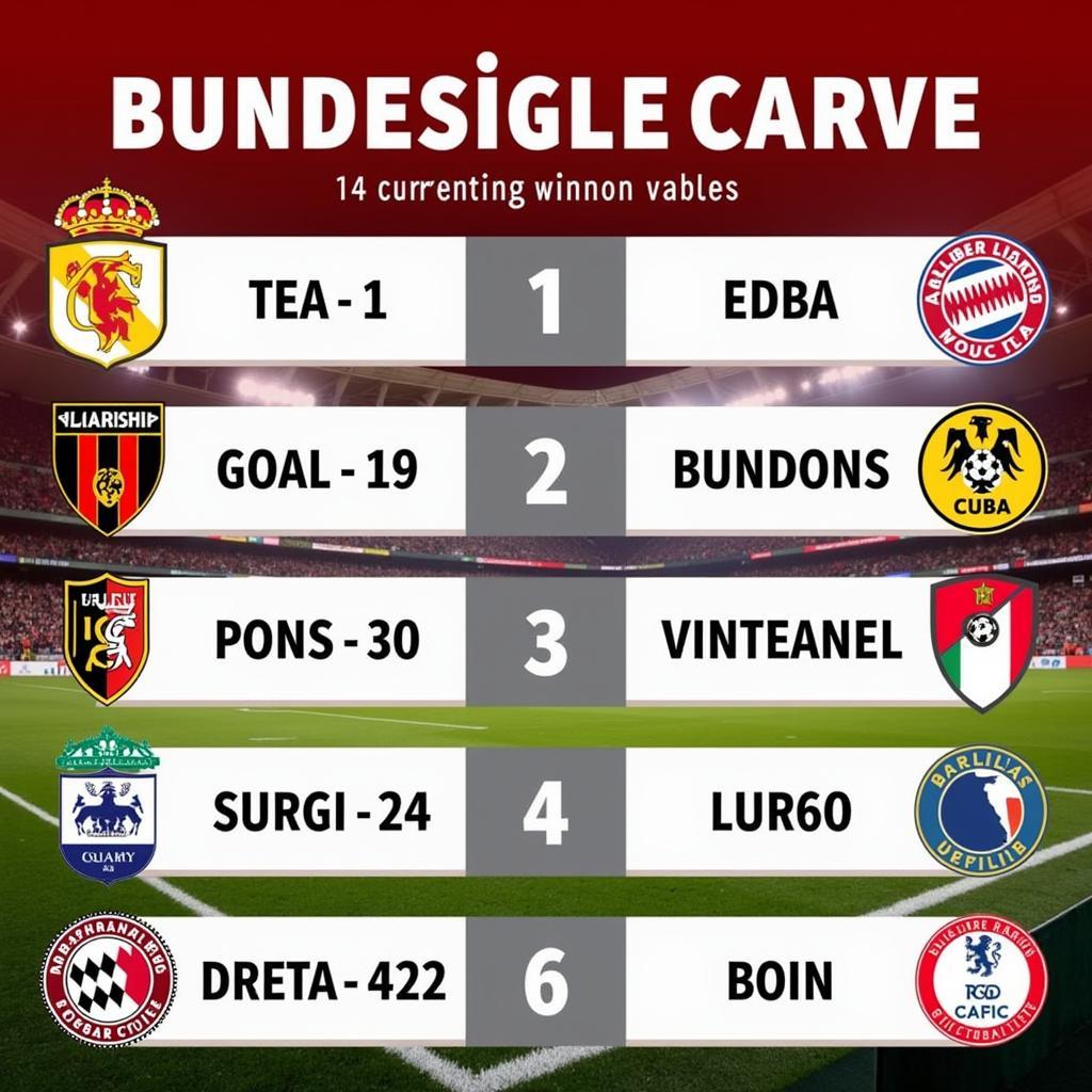 Bảng xếp hạng Bundesliga hiện tại với các thông tin về vị trí, điểm số, hiệu số bàn thắng bại của các đội bóng.