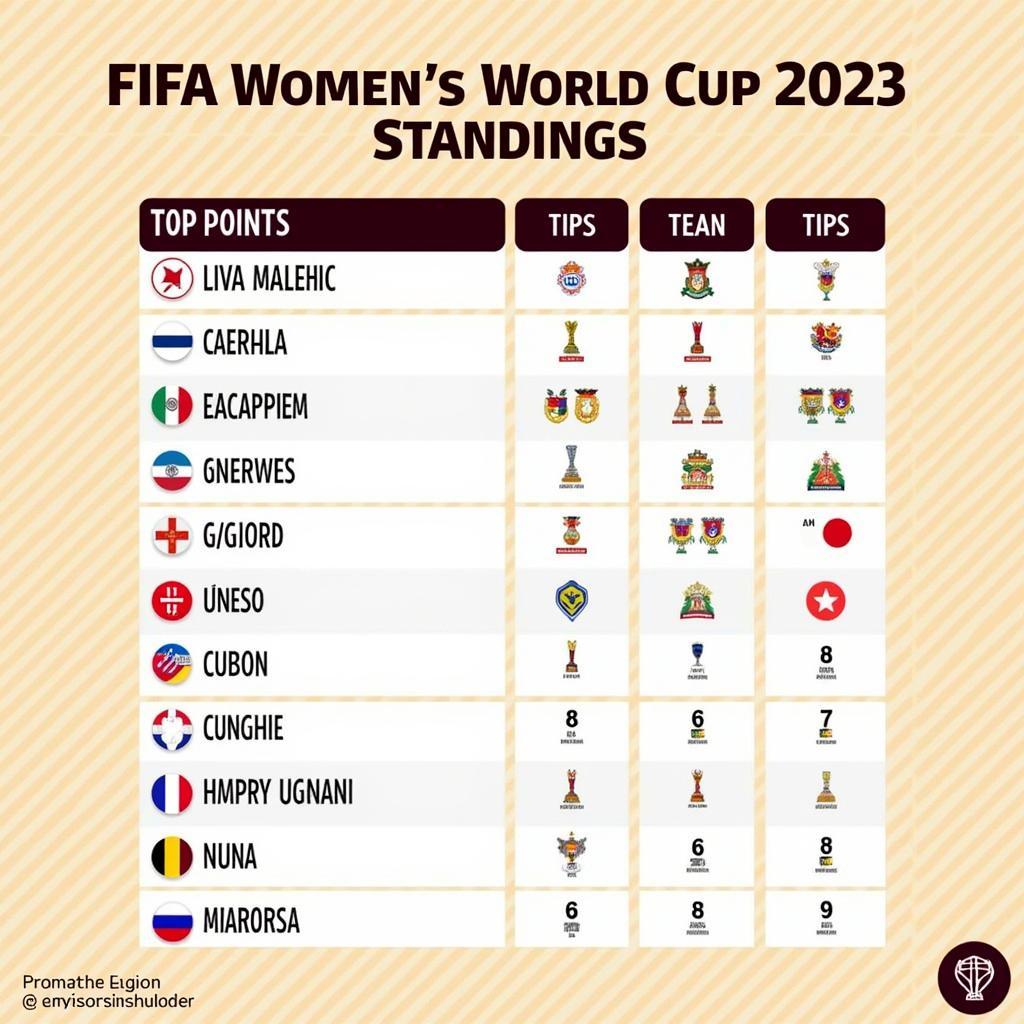 Bảng xếp hạng nữ World Cup 2023