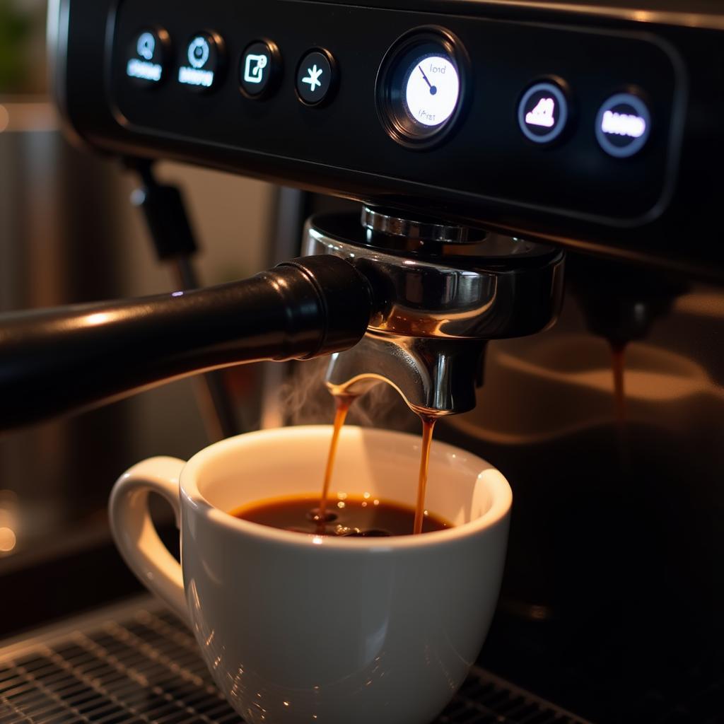 Close-up of a bean to cup coffee machine in operation