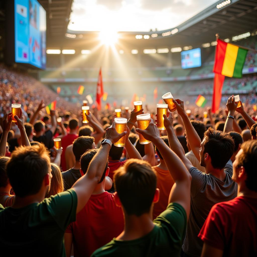 Cổ động viên đang nâng ly bia trong khu vực fan zone tại World Cup