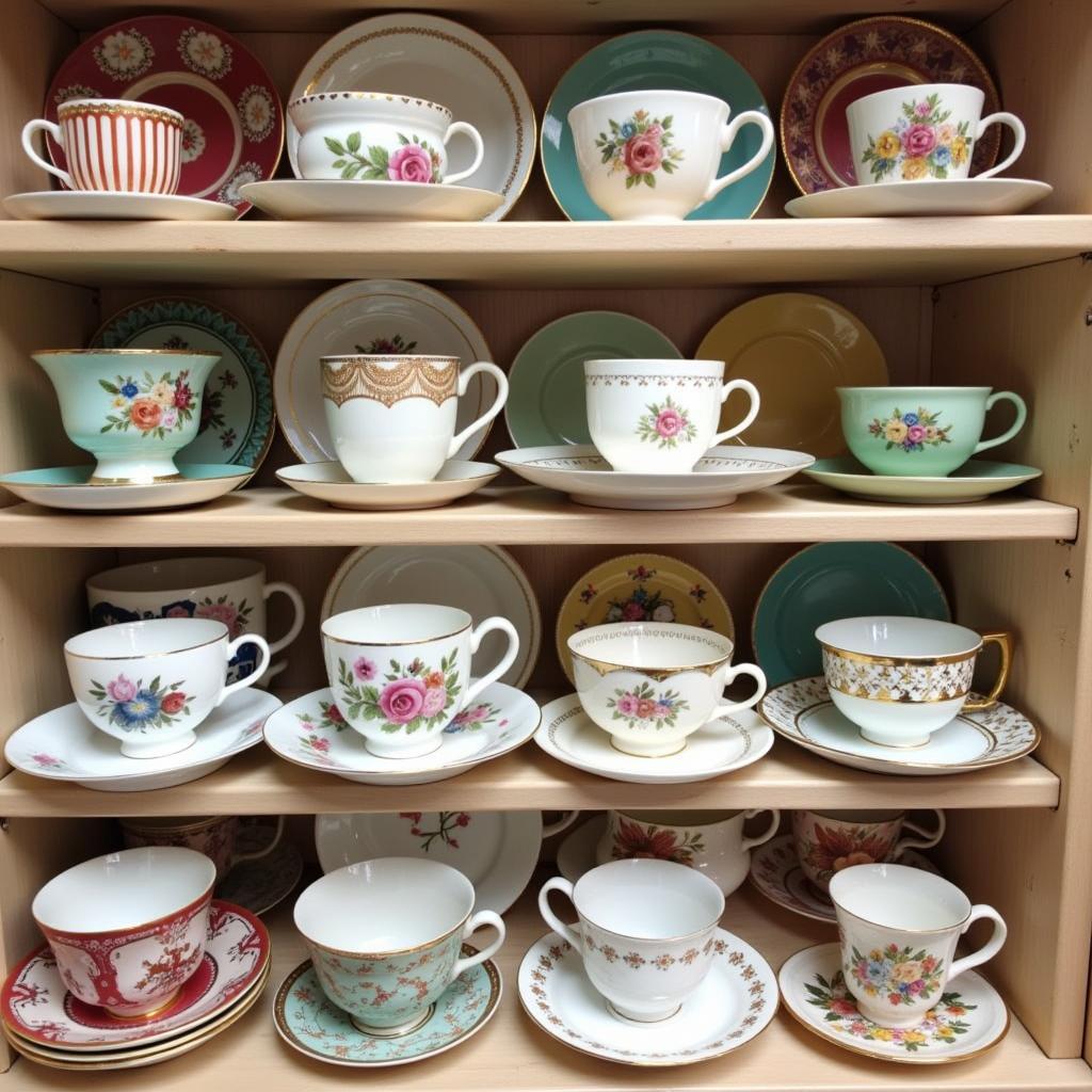 A collection of vintage cups and saucers displayed on a shelf, showcasing various patterns and styles.