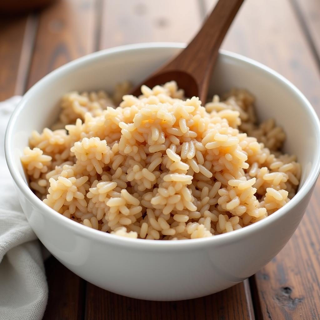 Brown rice in a white bowl, ready to eat