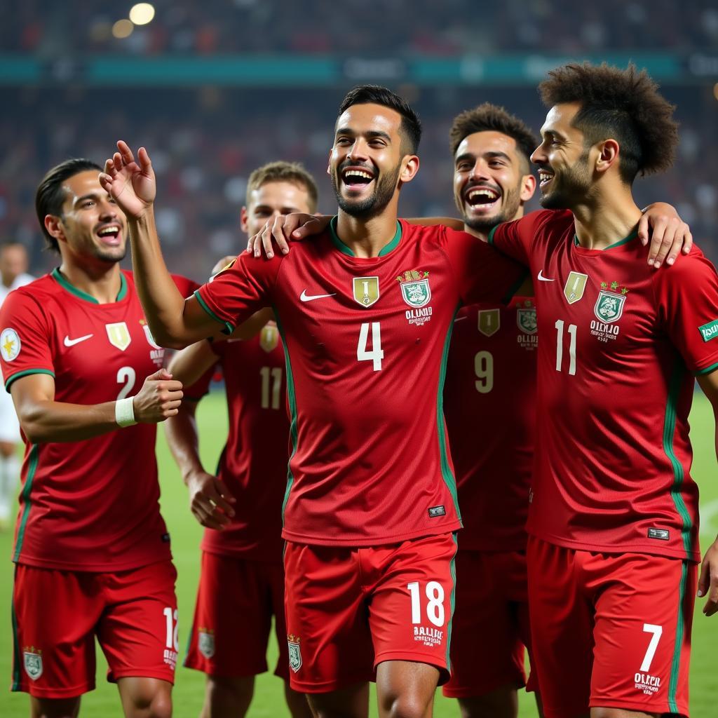 Các cầu thủ Morocco ăn mừng chiến thắng tại World Cup 2022