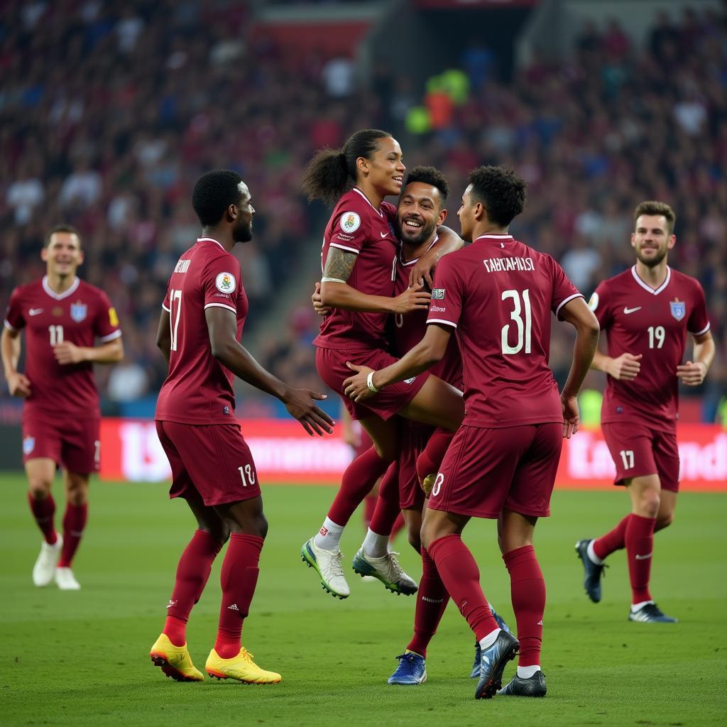 Các cầu thủ Qatar ăn mừng chiến thắng tại Asian Cup 2019