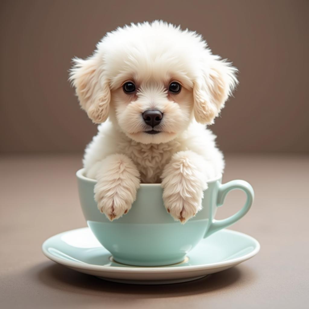 Hình ảnh một chú chó Poodle Cup đáng yêu đang nằm trong một chiếc cốc trà.