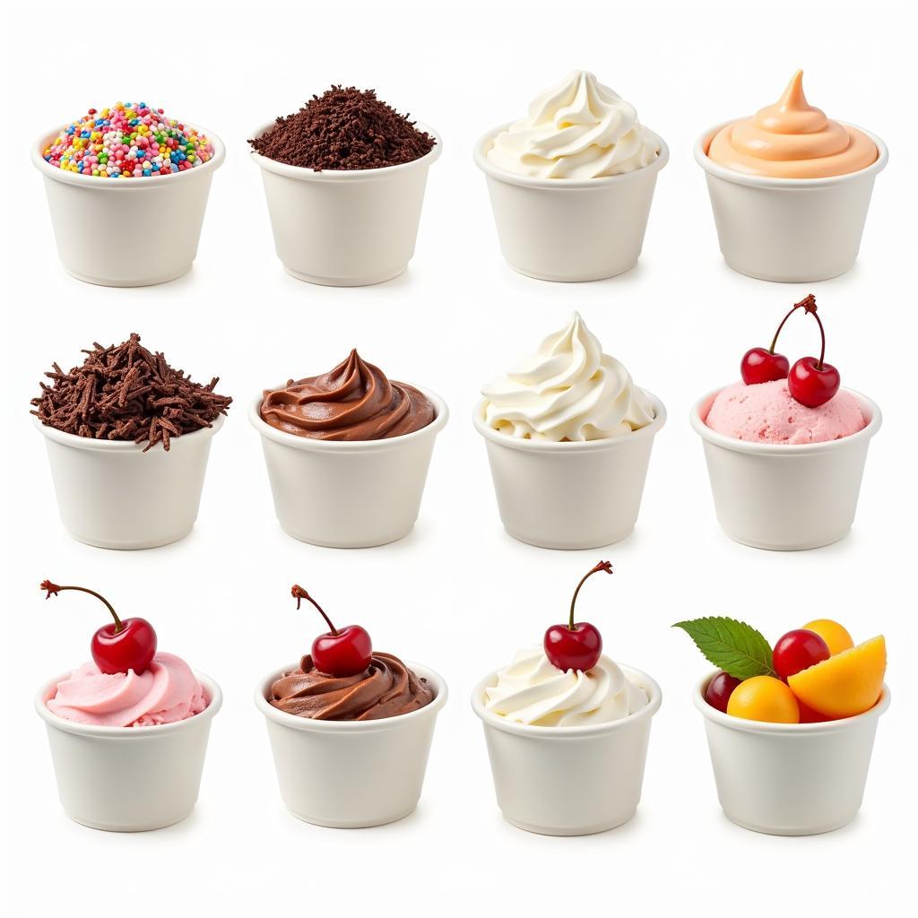 Individual ice cream cups with various toppings