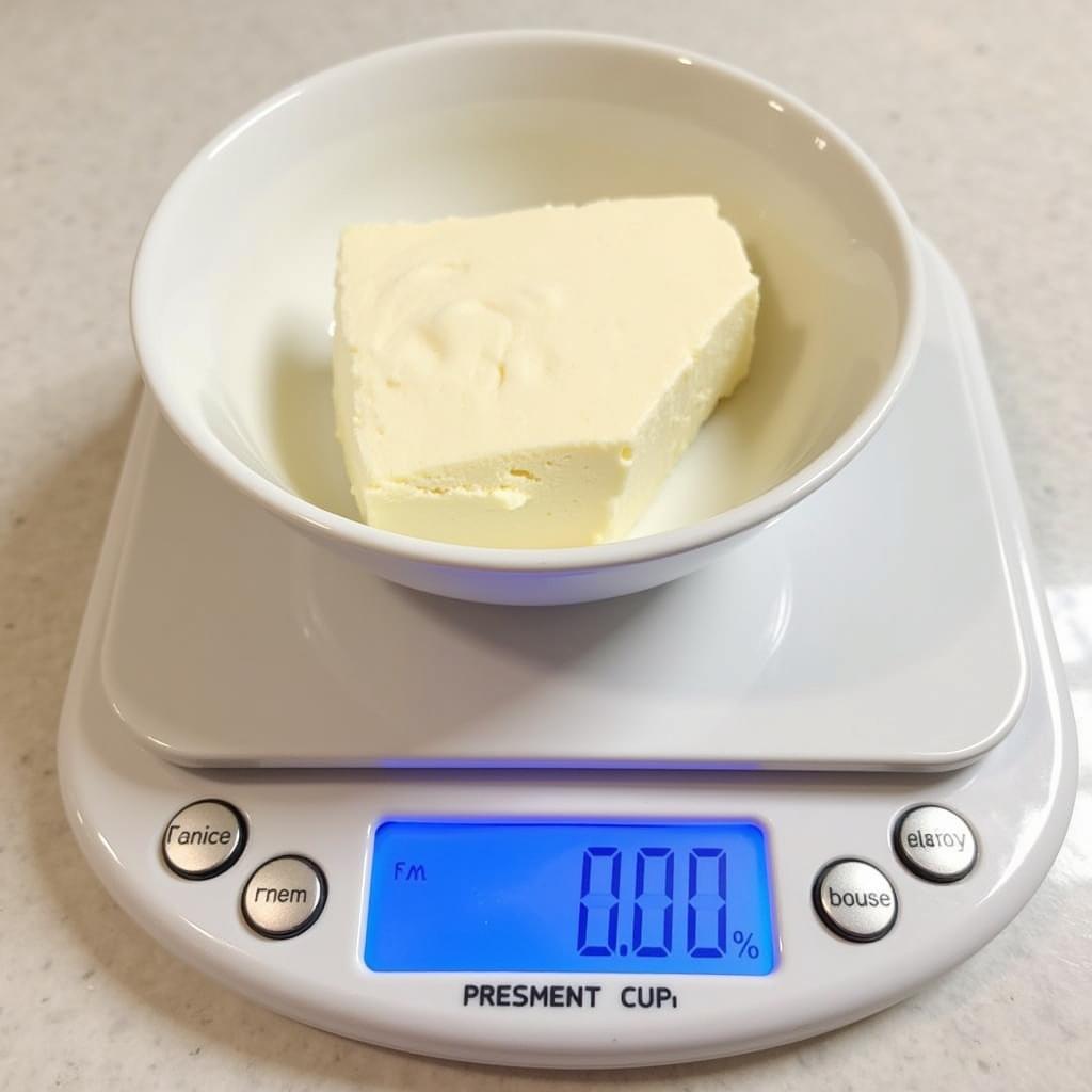 Cream Cheese Being Weighed on a Kitchen Scale