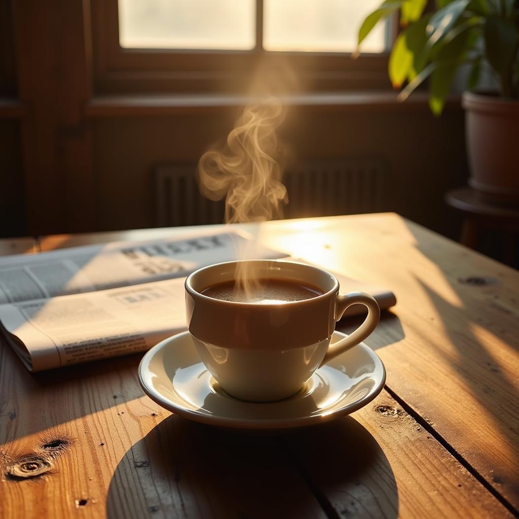 A steaming cup of coffee on a wooden table with morning light streaming in