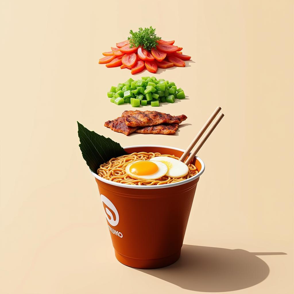 Hình ảnh tô mì cup ramen với topping rau, thịt, trứng.