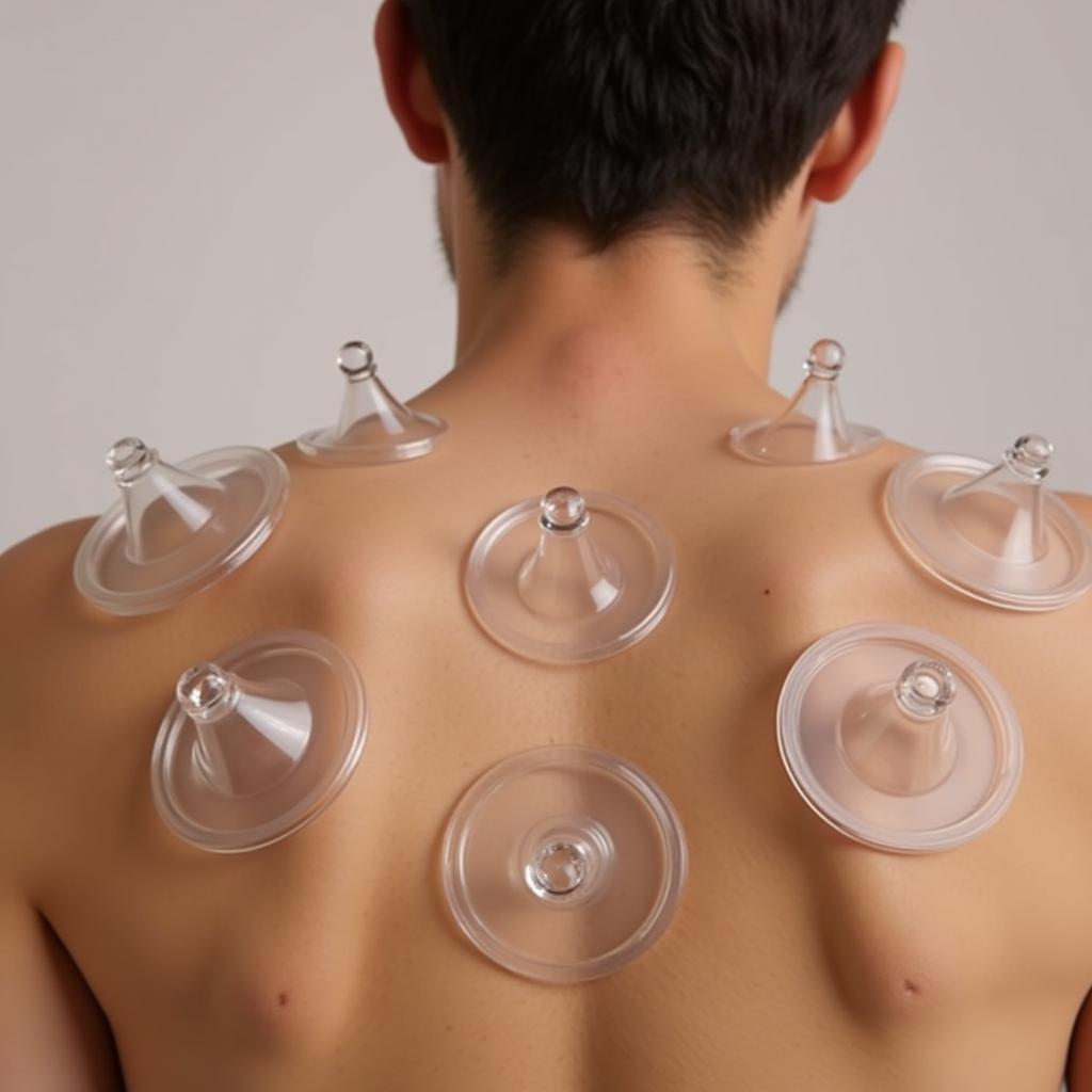 Cupping therapy: Real or myth? An image depicting a person receiving cupping therapy on their back. Several glass cups are visible, adhered to the skin, demonstrating the traditional application of this alternative medicine technique. The image aims to visualize the process of cupping and prompt discussion about its efficacy.