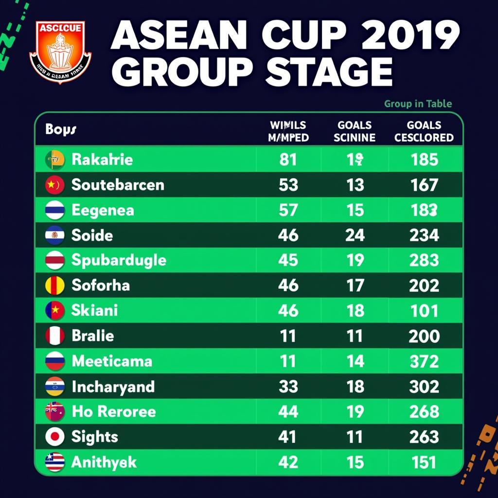 Bảng điểm số vòng bảng ASEAN Cup 2019