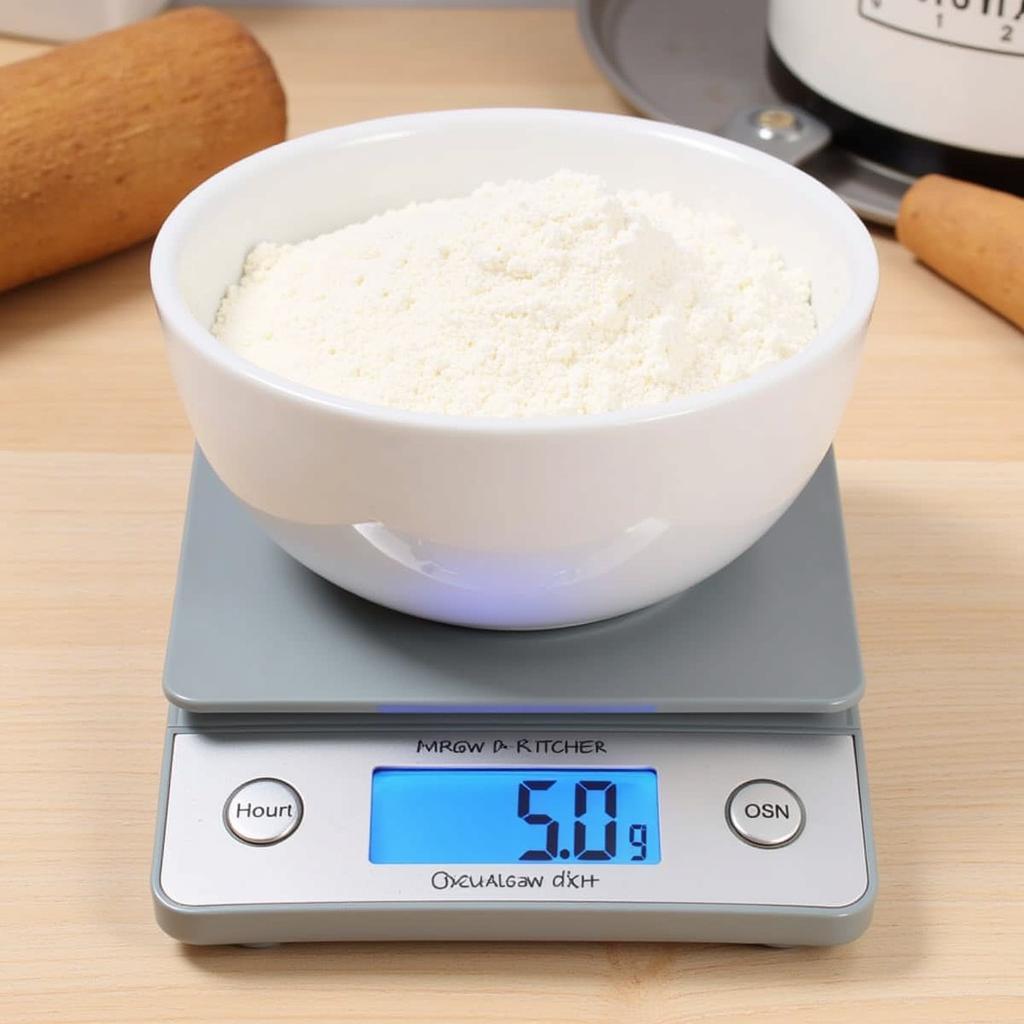 Using a digital kitchen scale to weigh flour for precise measurement