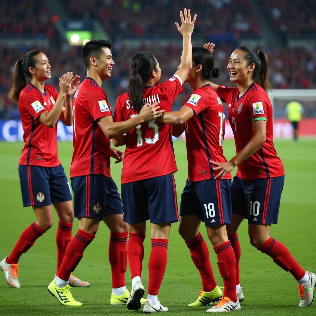 Thailand Women's National Team celebrating their historic qualification for the FIFA Women's World Cup.