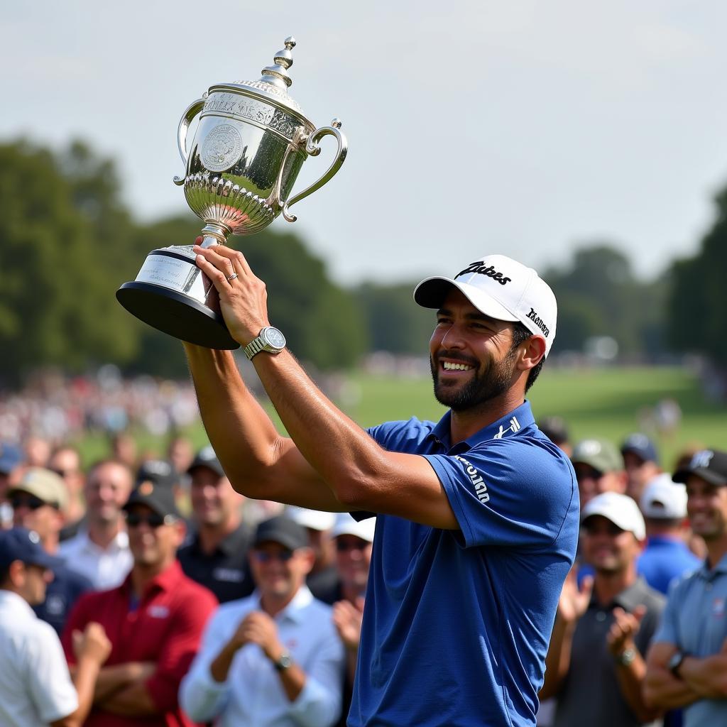 Dustin Johnson nâng cao chiếc cúp FedEx Cup 2020 sau chiến thắng.