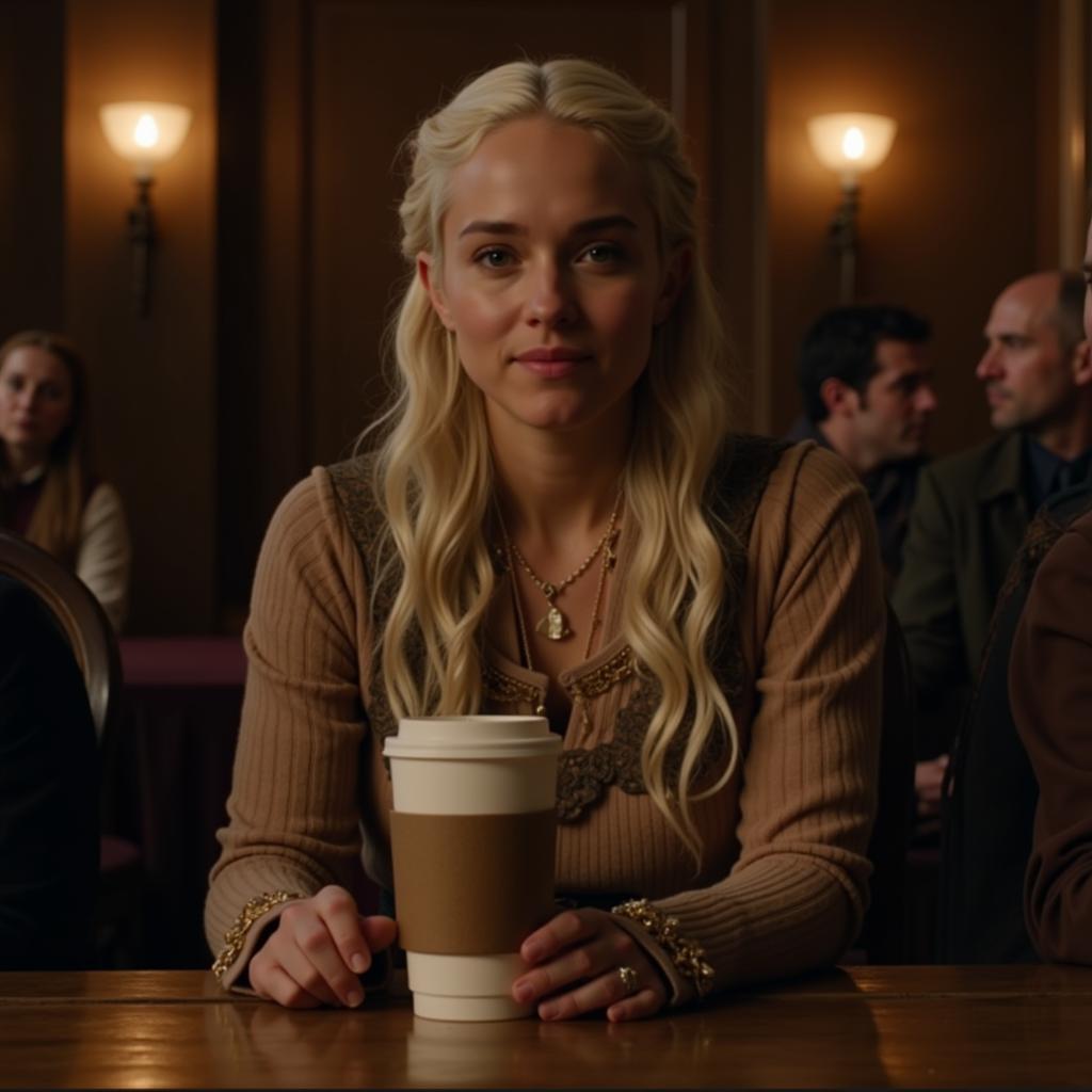 Emilia Clarke với cốc cà phê trong Game of Thrones