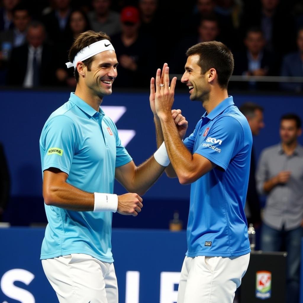 Federer and Djokovic Celebrating Victory at Laver Cup 2018