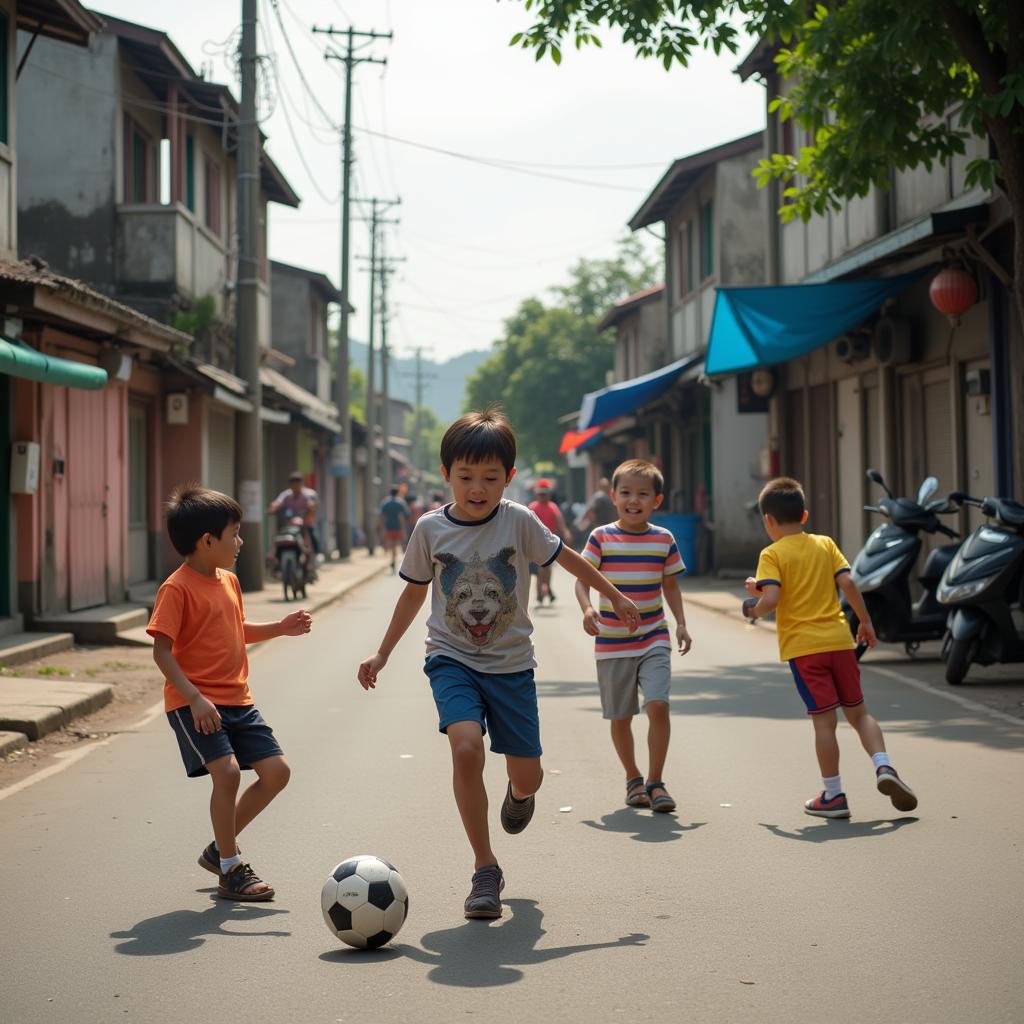 Trẻ em chơi bóng đá trên đường phố