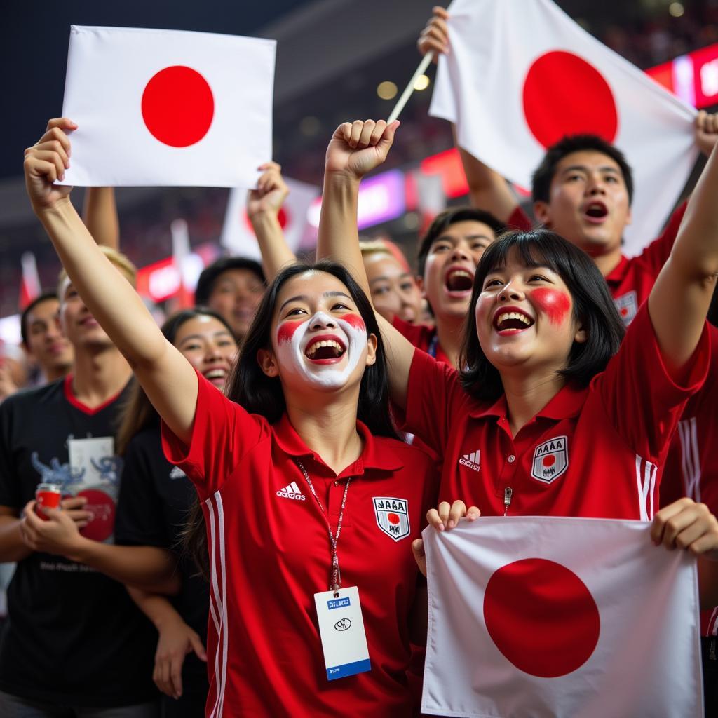 Japanese fans celebrating their team's historic win against South Africa in the 2019 Rugby World Cup