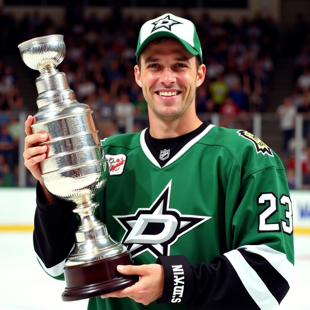 Joe Nieuwendyk holding the Conn Smythe Trophy in 1999