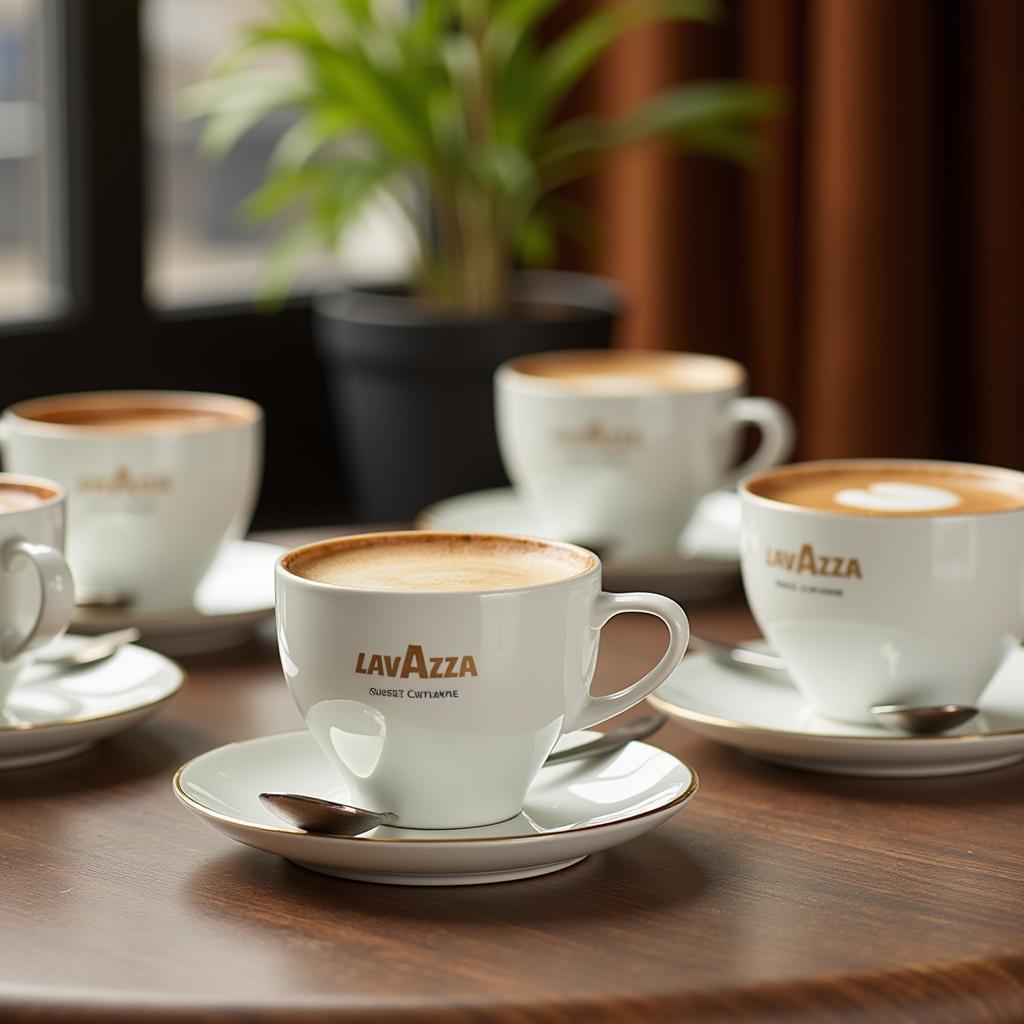 A set of Lavazza cappuccino cups with saucers, showcasing their elegant design