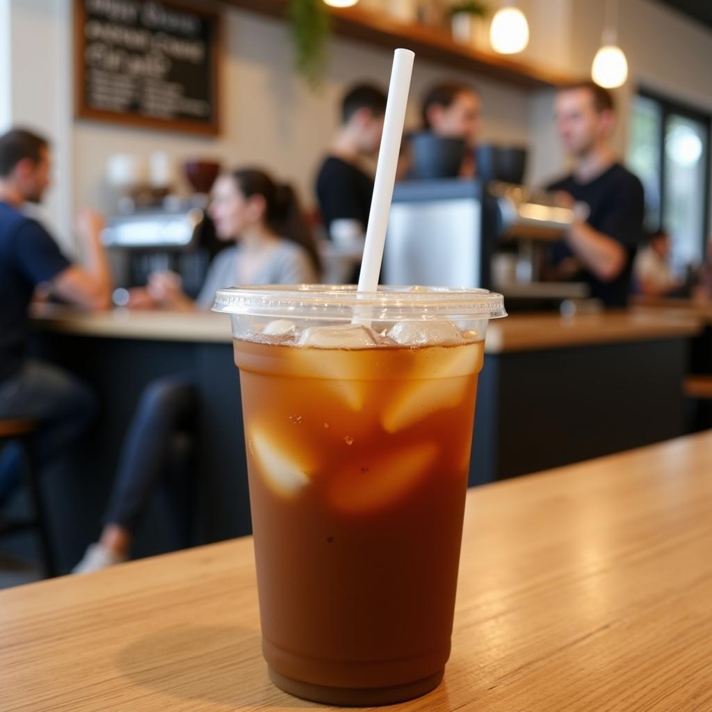 Coffee cup with straw in a cafe setting