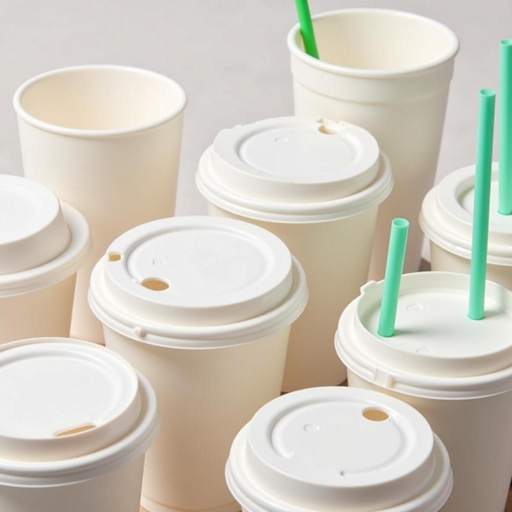 Disposable cups with lids and straws.