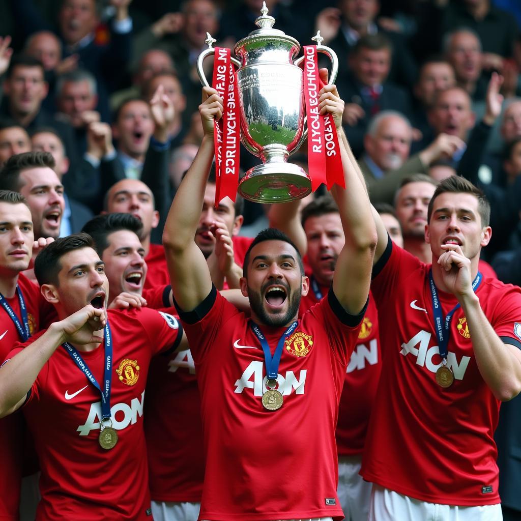 Manchester United players celebrating an FA Cup victory with jubilant fans in the background.