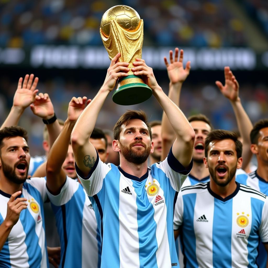 Lionel Messi lifts the World Cup Trophy