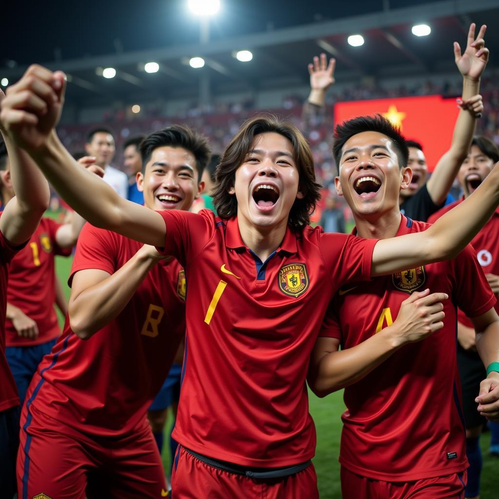 Niềm tự hào châu Á: Cổ động viên ăn mừng chiến thắng của đội tuyển tại Asian Cup.