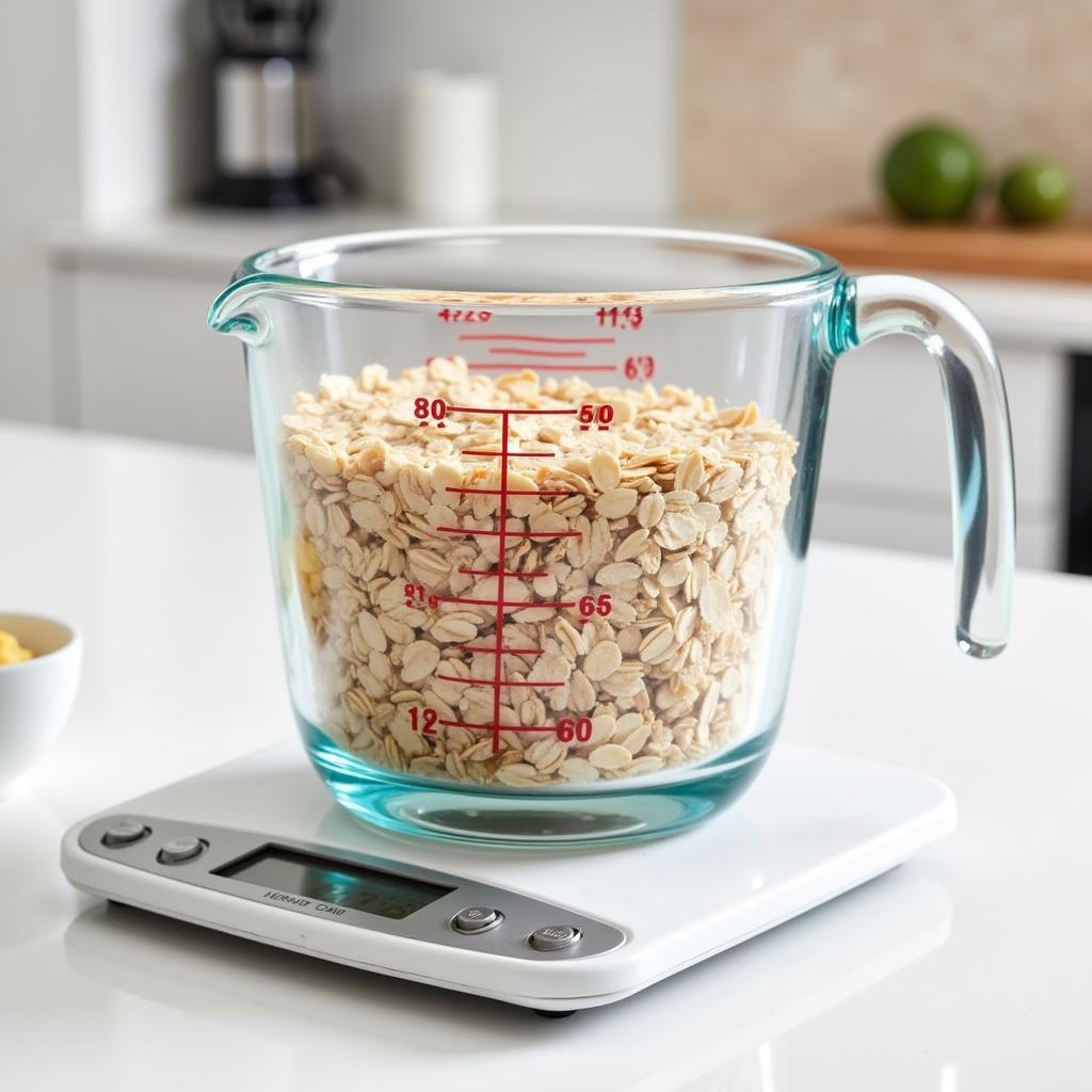 One cup of oats being measured on a kitchen scale in grams.