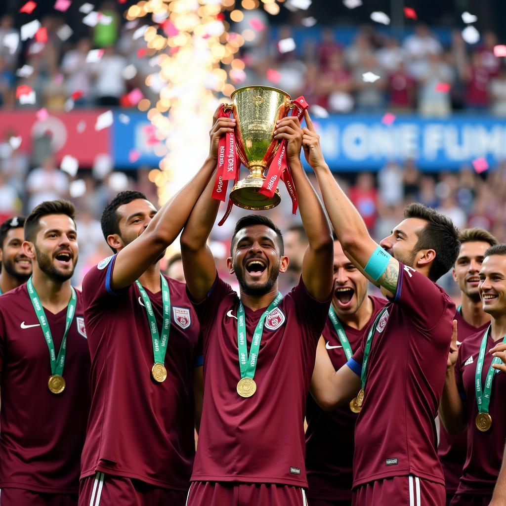 Đội tuyển Qatar nâng cao chiếc cúp vô địch Asian Cup 2019