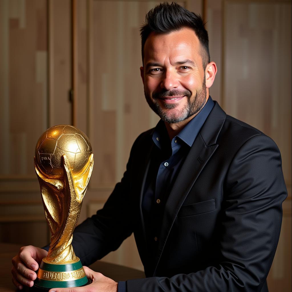 Ricky Martin bên cạnh chiếc cúp vàng World Cup