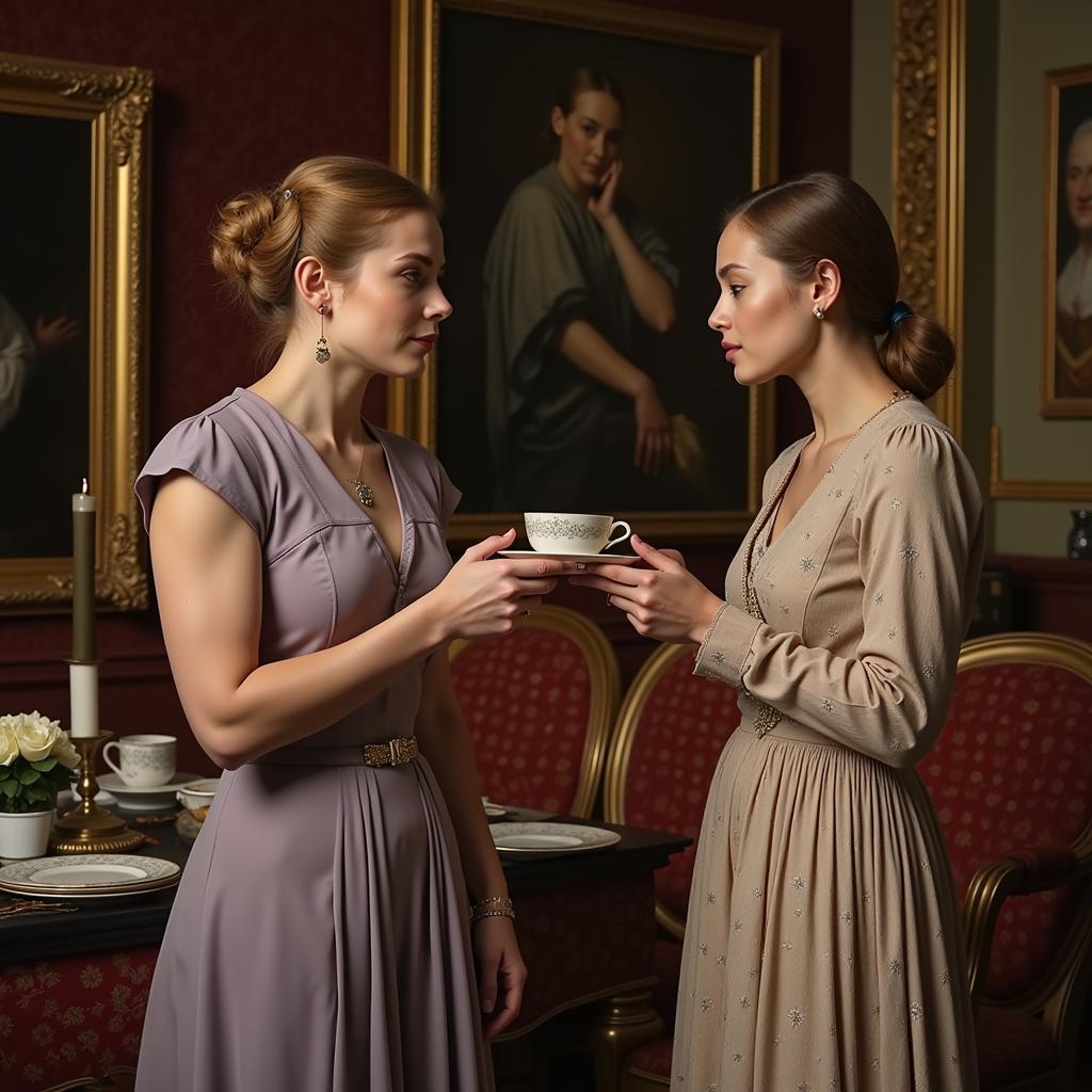 Rosemary Fell offering Miss Smith a cup of tea