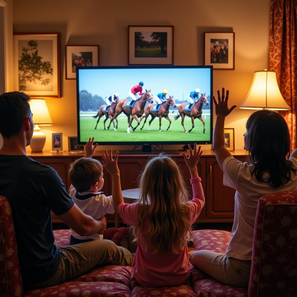 Tận Hưởng Melbourne Cup TV: Cảnh tượng người hâm mộ reo hò trong khi xem Melbourne Cup tại nhà.