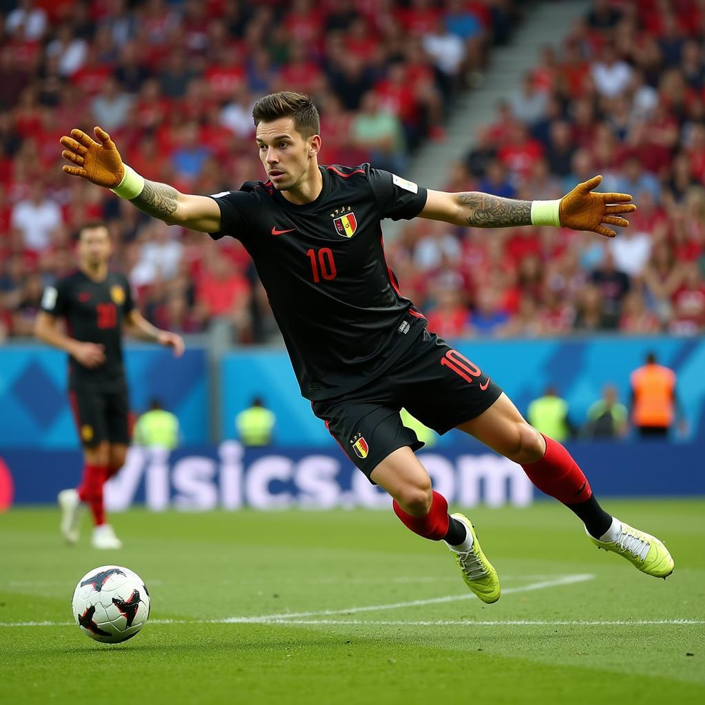 Thibaut Courtois thực hiện một pha cứu thua ngoạn mục trong màu áo tuyển Bỉ tại World Cup 2018